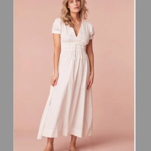 NEW LoveShackFancy Sabela Puff-Sleeve Cotton Poplin V-Neck Midi Dress - White